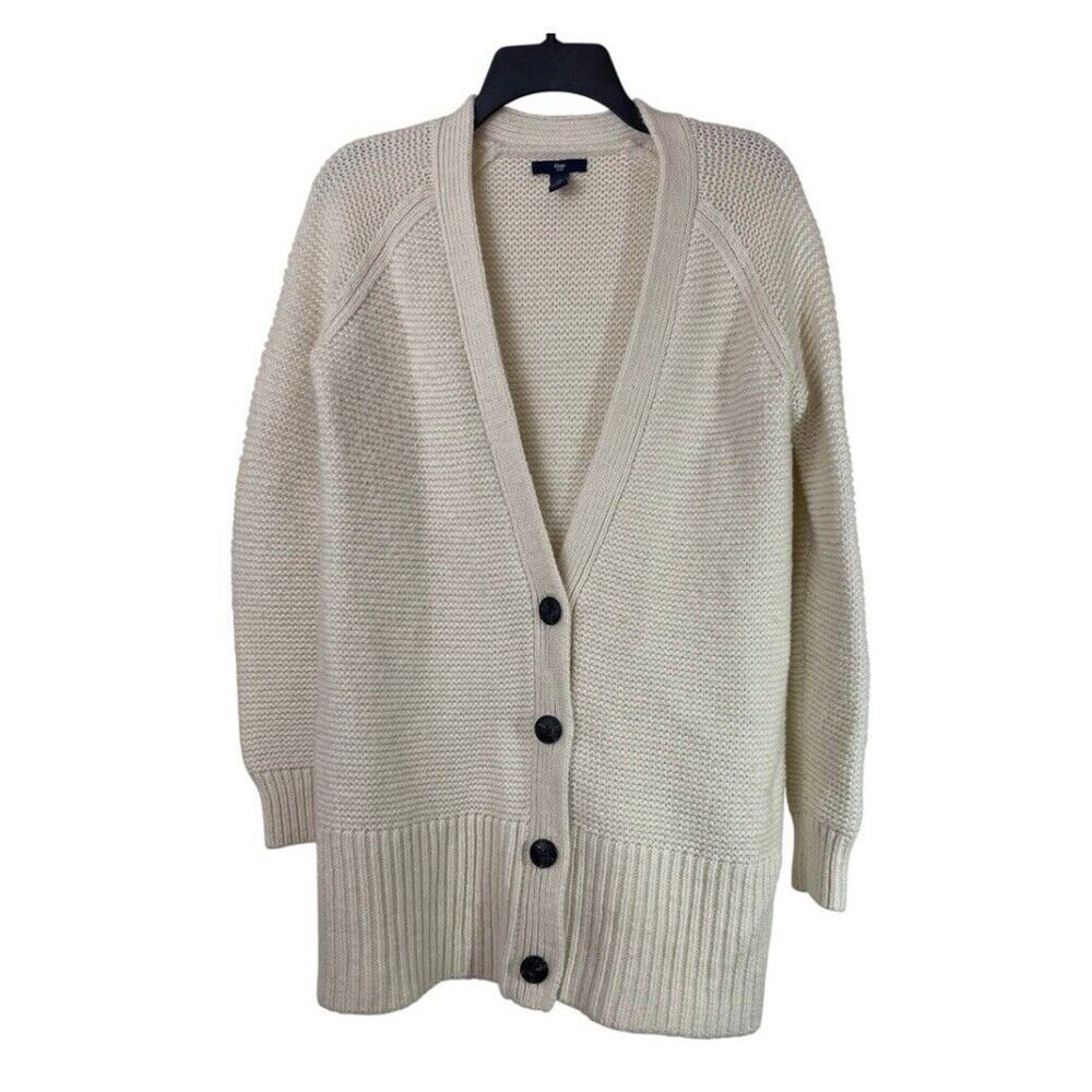 Gap Sweater Womens Small Cream Wool Blend Open Front Long Cardigan Rib Knit - Picture 10 of 11